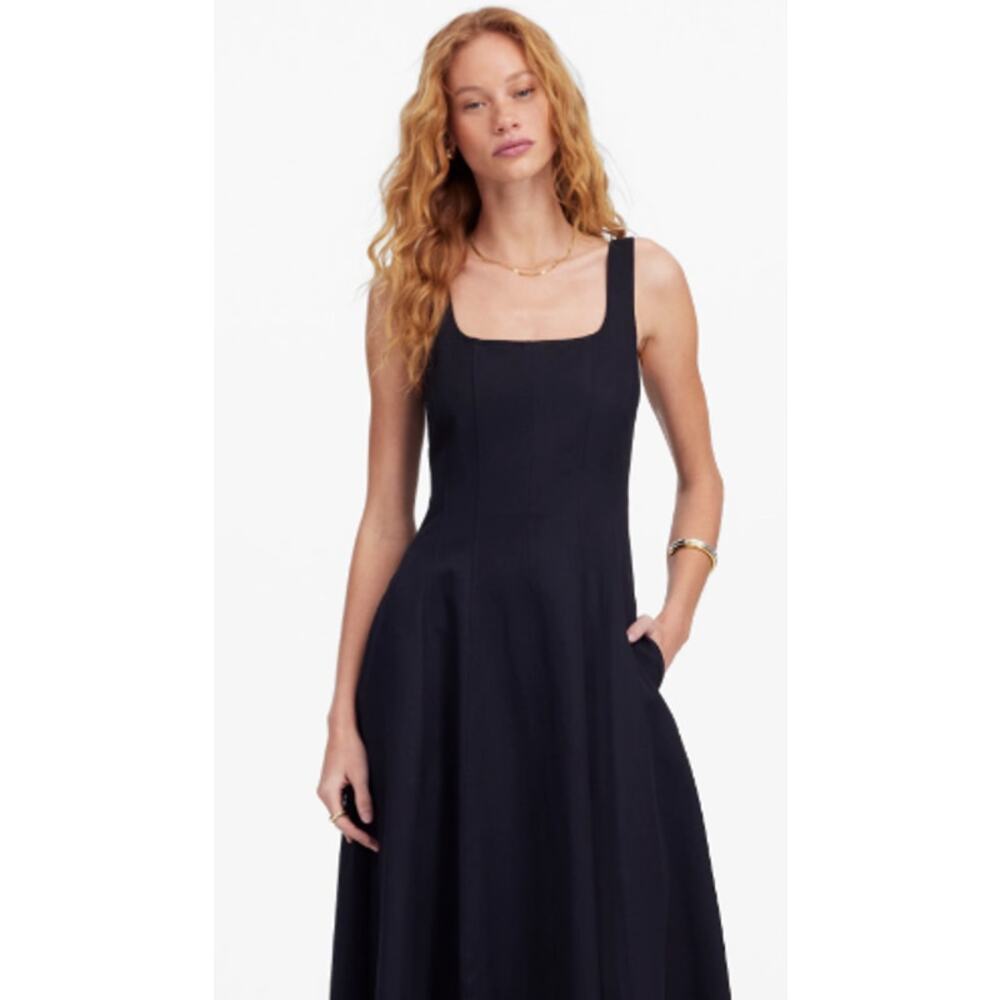 Madewell Plus‎ Seamed Square-Neck Midi Dress Smocked Back Black Pockets Size 14 - Picture 2 of 13